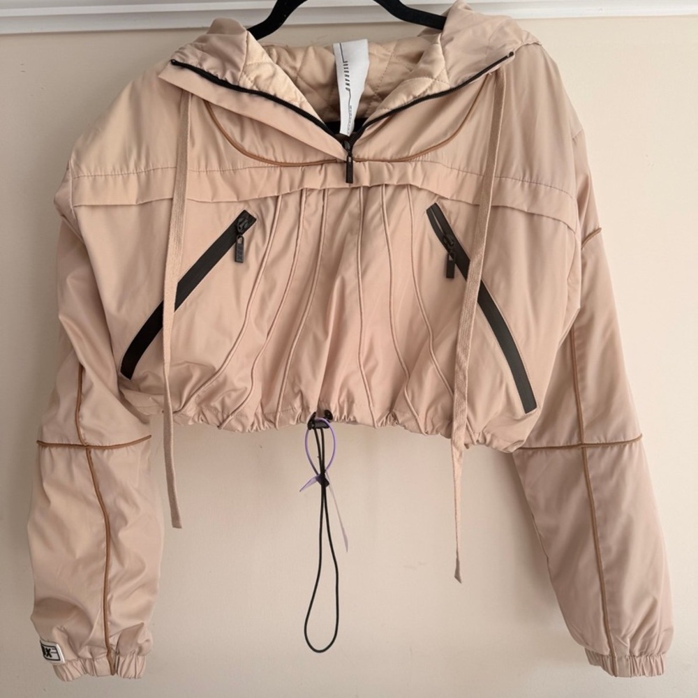 Beige Cropped Bomber Jacket with Hood